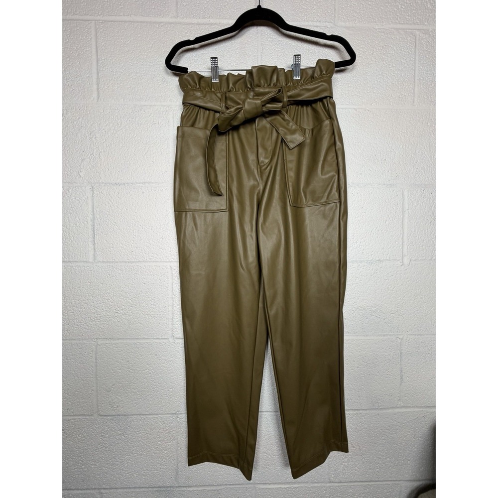 Who What Wear Paperbag Faux Leather Pants Size 6 NWT Tie Waist Olive NWT